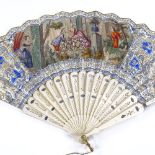 A 19th century French bone fan with hand coloured printed and gilded screen, length 27cm