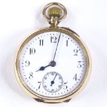 A Swiss 18ct gold open-face top-wind fob watch, white enamel dial with painted Arabic numerals and