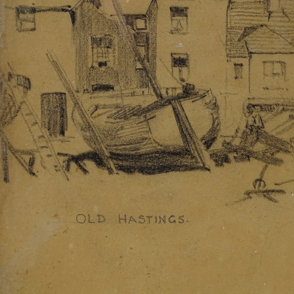 William Lee Hankey, pencil drawing on brown paper, Old Hastings, sheet size 10" x 10", framed A - Image 3 of 4