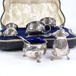 A George V 5-piece silver cruet set, comprising salt bowls, mustard pot and pepperettes, plain-