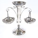 A George V silver table epergne, central tapered vase with flared gadrooned rim supporting 2 hanging