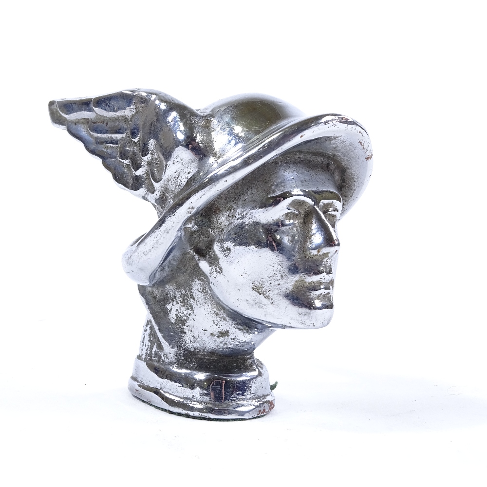 Art Deco chrome-plate bronze head of Mercury car mascot, circa 1930s, unsigned, height 8.5cm Very