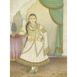 Indian School, watercolour with gilding, portrait of a girl, image 12" x 9", unframed Faint split in