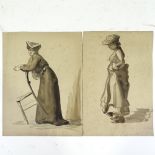 Circle of Laura Knight, 2 sepia watercolours, studies of a model, unsigned, largest 13" x 10",