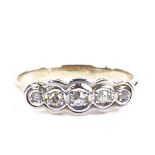 An unmarked gold graduated 5-stone diamond dress ring, total diamond content approx 0.1ct,