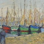 Mid-20th century oil on board, fishing harbour scene, indistinctly signed, 13" x 13.5", framed