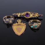 Various gold jewellery, including 15ct turquoise and pearl ring (A/F), 15ct amethyst and pearl