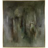 Mid-20th century British School, oil on canvas, abstract in grey, indistinct title verso