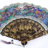 A Chinese gilded and lacquered fan, circa 1900, with hand painted paper screen