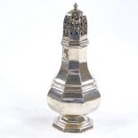 A George V octagonal silver sugar caster, baluster-form, by William Adams Ltd, hallmarks