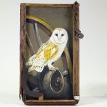 Clive Fredriksson, oil on board, barn owl, in rustic wood frame, overall dimensions 28" x 17"