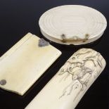 A Japanese Meiji Period relief carved ivory shoe horn with bird decoration, length 13cm, an ivory