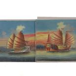 Chinese Colonial School, pair of unstretched oil on canvas, studies of junks, unsigned, 12" x 16",