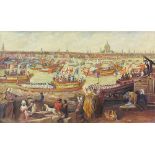 Margaritte Brown, oil on board, procession on the Thames 1789, signed, 15" x 25", framed Very good