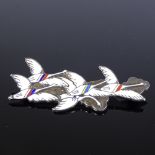 An Erik Magnussen Danish sterling silver and enamel flying geese and cloud brooch, brooch length