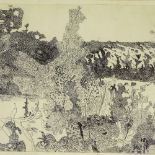 Anthony Gross, etching, landscape with praying mantis, trial proof, signed in pencil, image 14" x