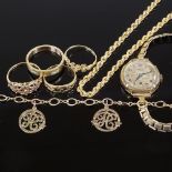Various 9ct gold jewellery, including rope twist necklace, rings etc, 15.1g weighable (7) All in