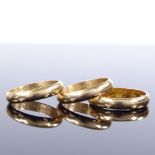 3 x 18ct gold wedding band rings, sizes O, P and R, largest band width 3.9mm, 12.1g total, (3) All