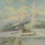 19th century Canadian School, oil on canvas, huskies and sled in snow covered mountain landscape,