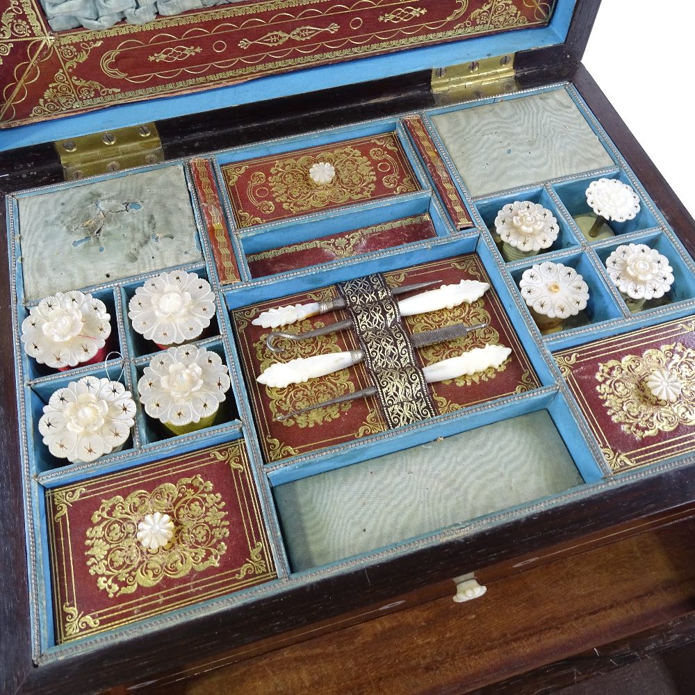 An early 19th century rosewood and mother-of-pearl marquetry inlaid sewing cabinet, the lid having a - Image 8 of 8