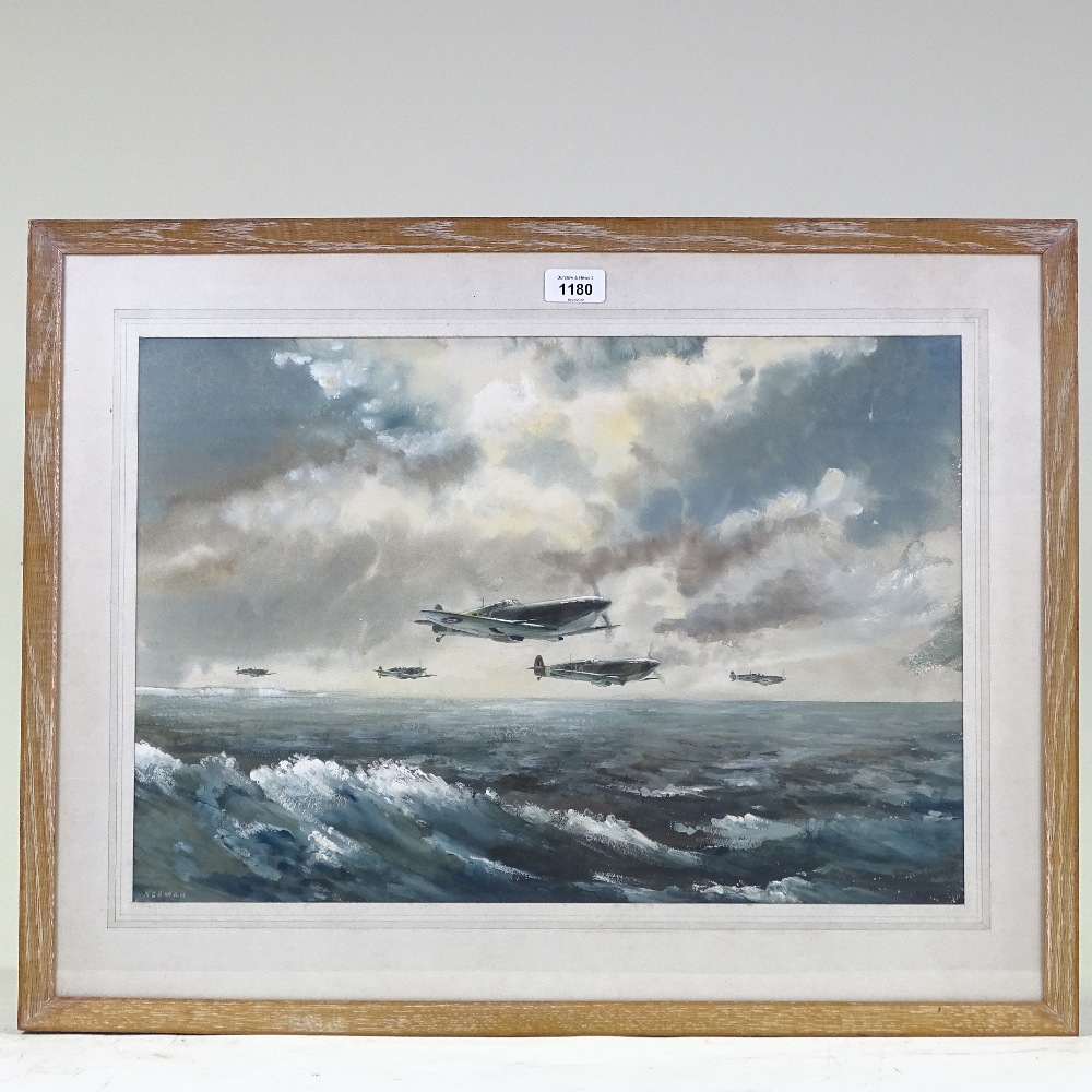 Percival Norman, watercolour/gouache, Squadron of RAF Hurricanes over the sea, signed with - Image 2 of 4