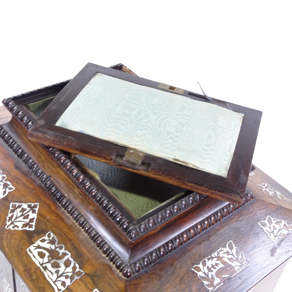 An early 19th century rosewood and mother-of-pearl marquetry inlaid sewing cabinet, the lid having a - Image 2 of 8