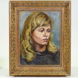 Oil on board, portrait of a girl, unsigned, 16" x 12", framed Good condition