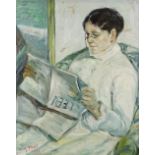 Modern oil on board, woman reading a paper, 20" x 16", framed