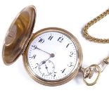 A gold plated full hunter side-wind pocket watch, white enamel dial with Deco Arabic numerals,