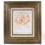 Sanguine chalk drawing, study of two men, unsigned, 9" x 6.5", framed Crease along top edge,