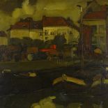 19th/20th century Dutch School, large oil on canvas, canal scene, indistinctly signed, 35" x 39",
