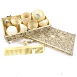 A group of ivory items, including a Cantonese carved and pierced fretwork dragon design box,