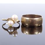 A 14ct gold double pearl and diamond dress ring, setting height 11.1mm, size L, 2.4g, and a 9ct gold