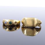 An 18ct gold plain signet ring, hallmarks London 1930, setting height 10mm, size W, and an 18ct 3-