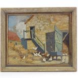 Early 20th century, oil on board, farmyard scene, unsigned, original labels verso, 10" x 13", framed