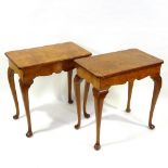 A pair of rectangular burr-walnut tables, with frieze drawers, scalloped aprons and cabriole legs,