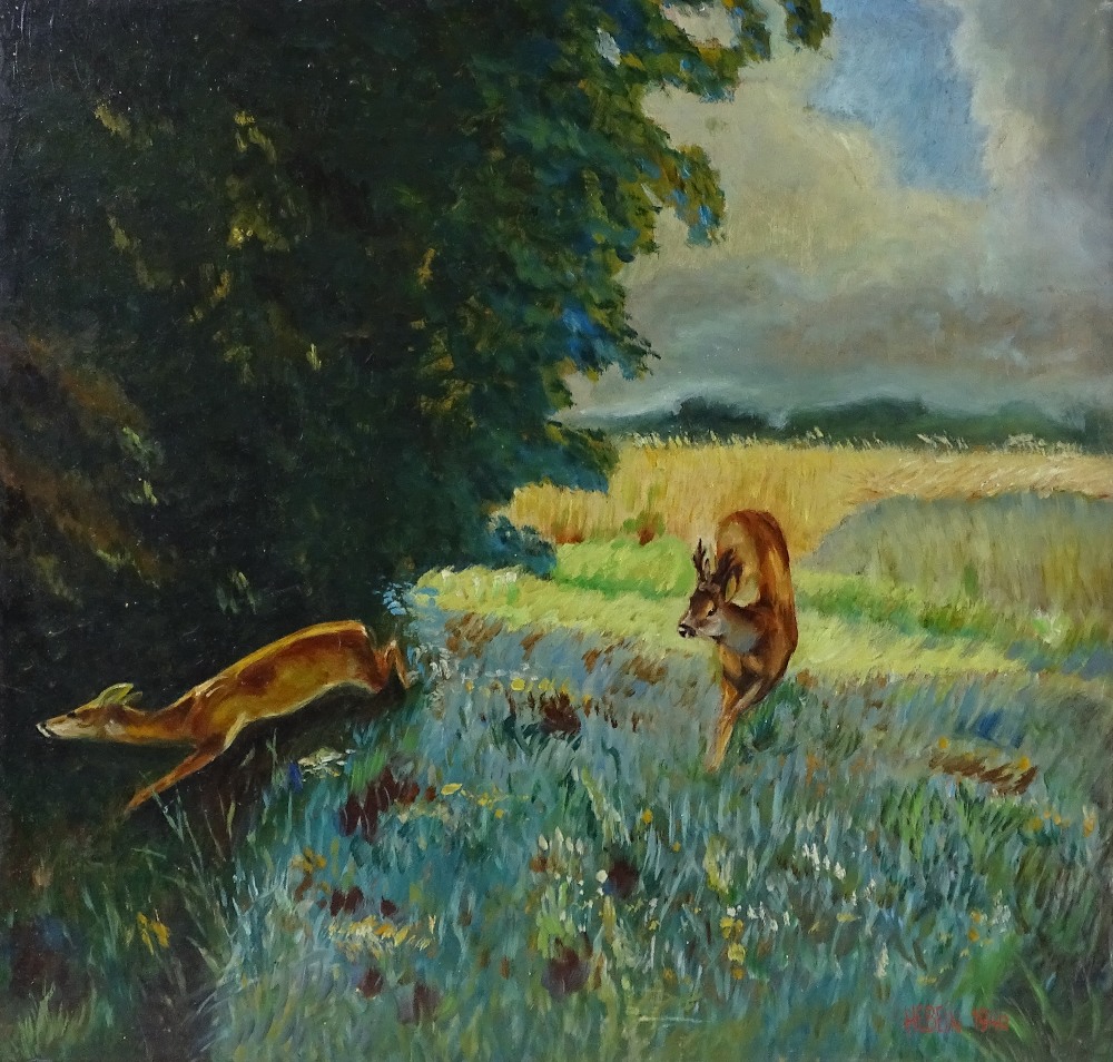 Hebein, oil on board, running deer, 1946, 16" x 17", framed Very good condition