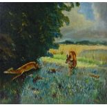 Hebein, oil on board, running deer, 1946, 16" x 17", framed Very good condition