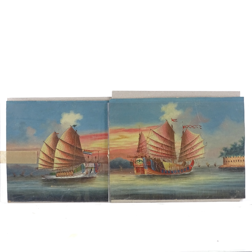 Chinese Colonial School, pair of unstretched oil on canvas, studies of junks, unsigned, 12" x 16", - Image 2 of 4