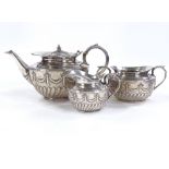 A Victorian 3-piece tea set, comprising teapot, sugar bowl and cream jug, half-fluted form with