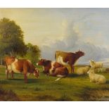 L Davis, oil on canvas, cattle and sheep in pasture, early 20th century, signed, 20" x 30", framed