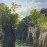 J B Smith, oil on canvas, bridge over a river, signed and dated 1887, 18" x 14", framed Good