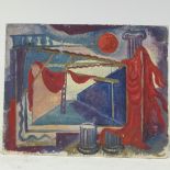 Mid-20th century oil on board, surrealist interior, unsigned, 16" x 20", with another painting verso