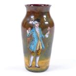 A French Limoges enamel on copper cabinet vase, hand painted design of gentleman holding a rose,