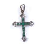 An 18ct white gold emerald and diamond cross pendant, pendant height excluding bale 26.4mm, 1.6g
