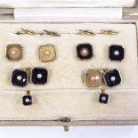 A 9ct gold onyx and split pearl dress set, 18ct white gold topped, comprising 4 buttons, pair of