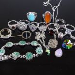 Various silver and stone set jewellery, including Mexican sterling malachite bracelet, unmarked