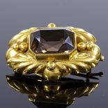 A Finnish 14ct gold smoky quartz brooch, relief embossed burst decoration, brooch length 29.3mm, 6.