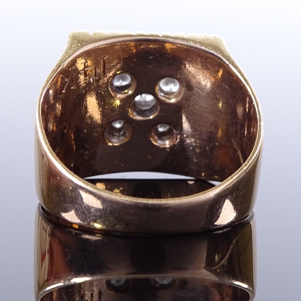 A 14ct gold diamond panel signet ring, central diamond set floral panel, total diamond content - Image 3 of 4