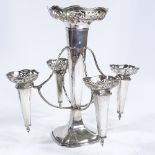 A George V silver 4-branch trumpet table epergne, with removable posy holders and pierced